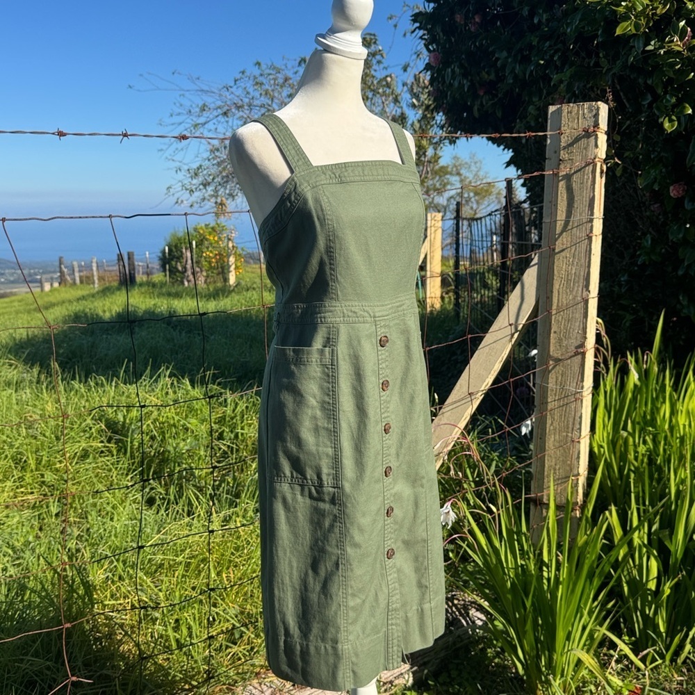 Gap Y2K Apron Sleeveless khaki knee length Dress linen blend utility 2 - Picture 3 of 8